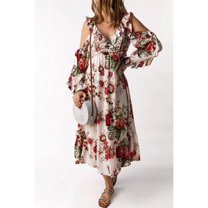 Apricot Hollow-out Shoulder Ruffle Floral Dress
